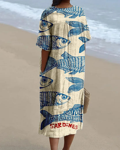 Sardine Print Casual V-neck Dress