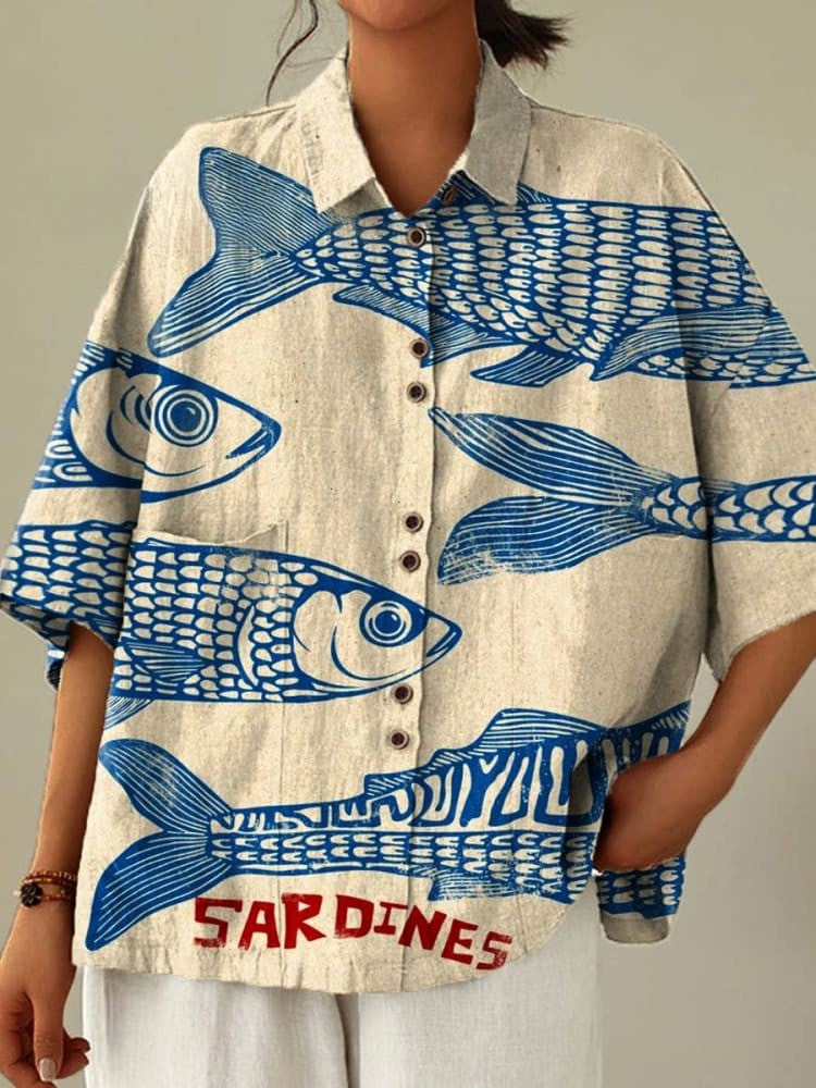 Vintage Fish Sardine Art Print Casual Shirt