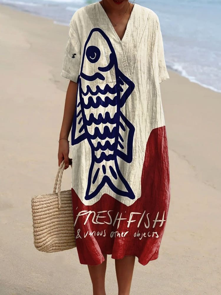 Red Vintage Fish Art Print Flowy Dress