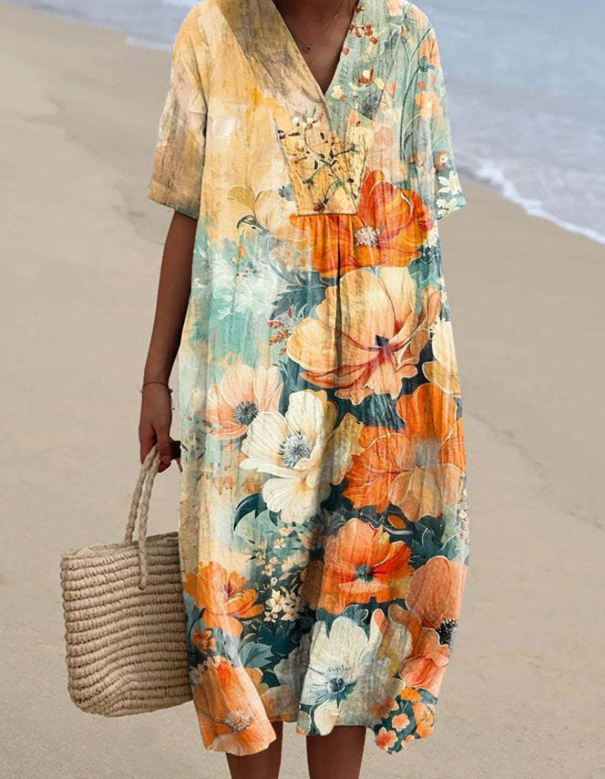 Sunset Floral Art Print V-Neck Dress