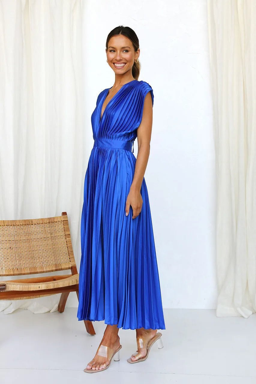 AISHA - Pleated Plunge Midi Dress - Clara & Cove