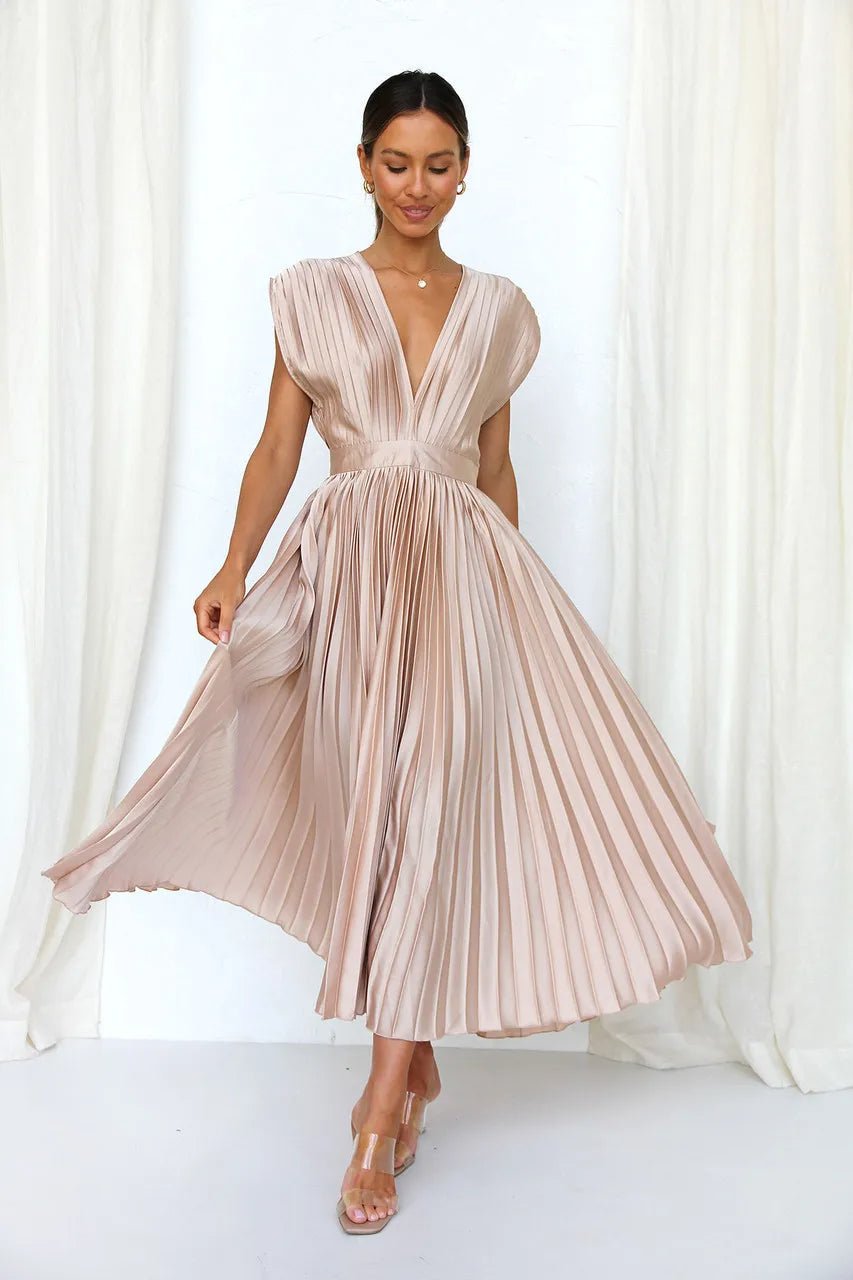 AISHA - Pleated Plunge Midi Dress - Clara & Cove