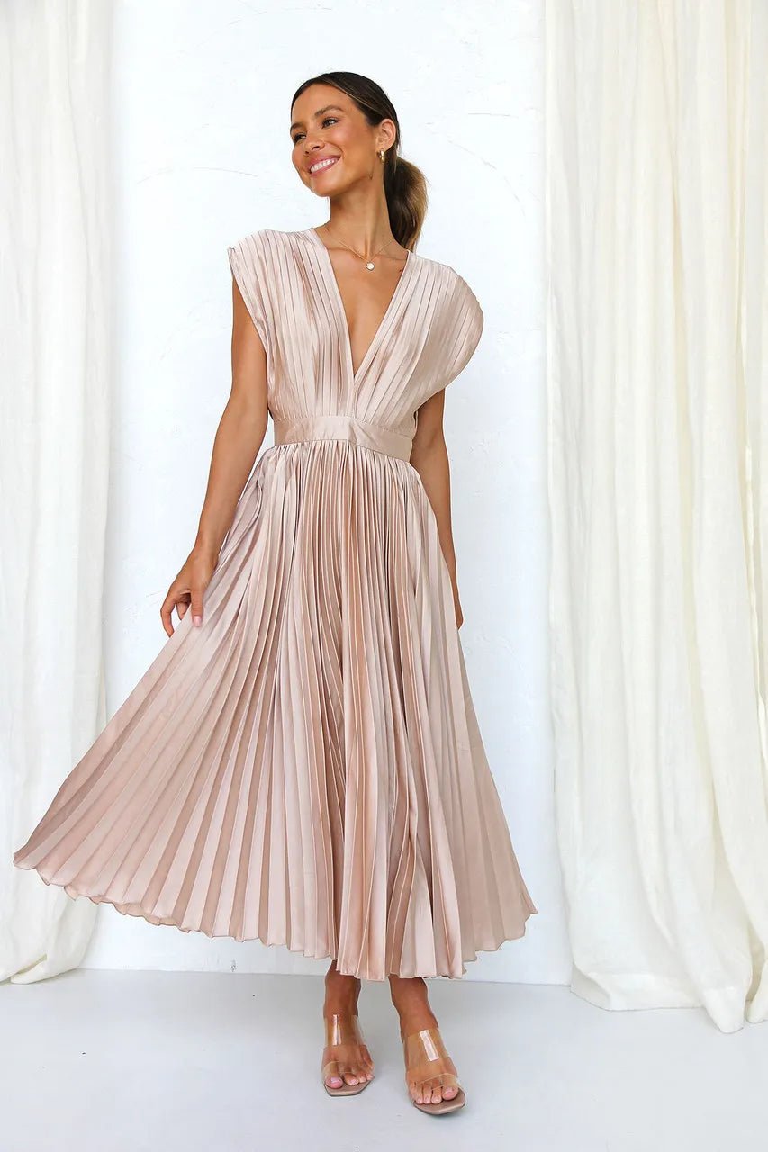 AISHA - Pleated Plunge Midi Dress - Clara & Cove